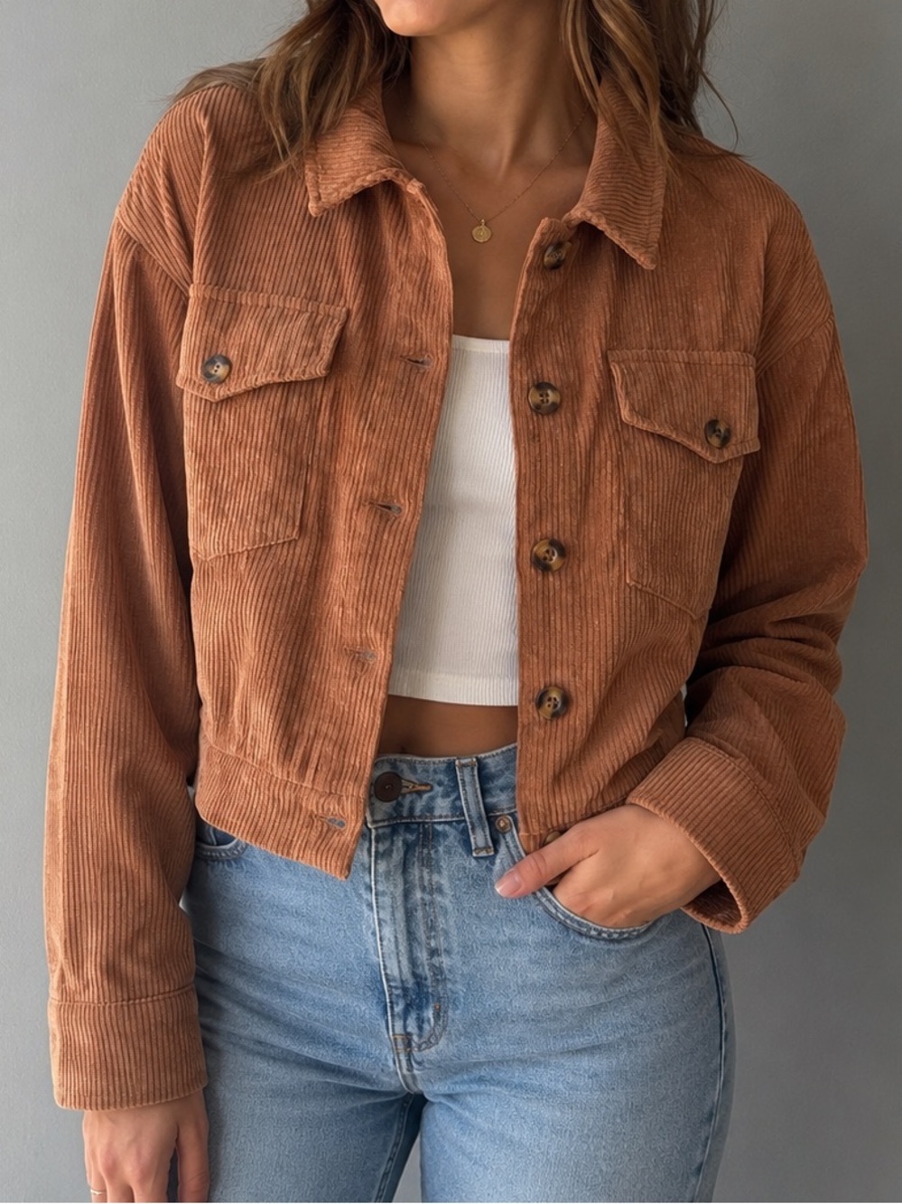 Rust Brown Cropped Corduroy Shacket Jacket Size Large
